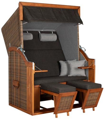 MR. DEKO® Strandkorb Tinnum Pinie PE griseum Dessin 572 Volllieger | Strandstuhl Liegestuhl Pinienholz | inkl. 4 Kissen | Strandkörbe für Garten, Wintergarten und Terrasse