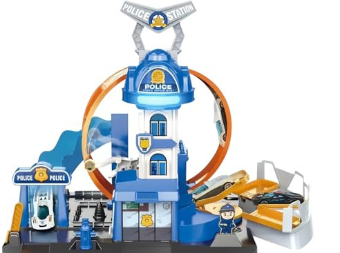 Charmofun City Loopingbahn Polizeistation Spielset, Spielzeugauto Trackset mit 4 Polizeiautos, 3 Parkplätze, Hebbarer Strecke & Licht/Soundeffekten, Schleuder Schienen Geeignet für Kinder ab 4 Jahren