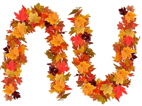 2 Pack 175cm Artificial Maple Leaf Garland, Autumn Fall Hanging Vine Decoration for Thanksgiving, Halloween, Wedding, Fireplace, Christmas, Indoor Outdoor Autumn Foliage Decor