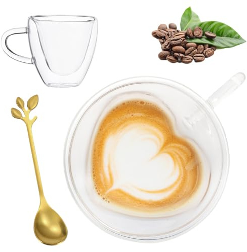 Gohytal Heart Shape Double Walled Coffee Glasses Mugs, 180ml Cappuccino Latte Macchiato Glasses Cups with Handle Borosilicate Heat Resistant Glass Cups for Coffee Tea Milk Juice Ice Cream (1)