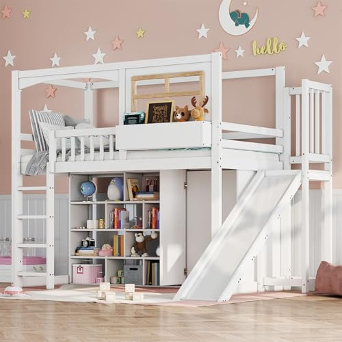 MQGPM Letto a soppalco 90 x 200 cm con armadio e scivolo, letto a castello con ripiani e rete a doghe, struttura per letto con vano portaoggetti e protezione dalle cadute, letto per bambini e ragazzi