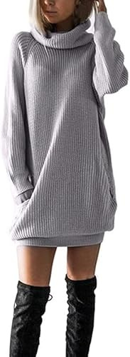 Robe d'hiver à Manches Longues pour Femme Sweat Pull Élégante tricoté à col Rond et Poches Jupe Courte Automne Chic Hiver Tunique(FR/ES, Alpha/Lettres, TG, Taille Normale, Taille Normale, Gris)