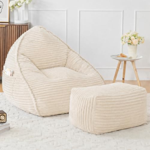 Vamcheer Pouf Per Adulti Con Sgabello, Morbido Tessuto Di Flanella, Ultra Morbido, Bean Bag Chair Con Spugna, XXL, Pouf, Poltrona Beige, Stabile E Senza Costi