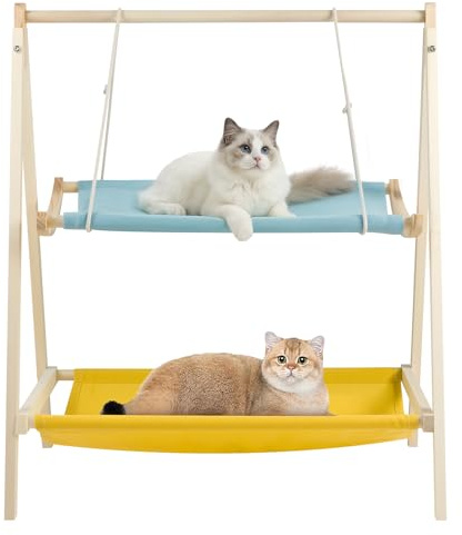 Generisch Haustier-Hängematte Doppelstöckig – Holz-Schaukel mit 2 Hängematten Gemütliches Katzenbett, Hängematte für Katzen & Kleintiere, Stabiler Holzrahmen, platzsparend