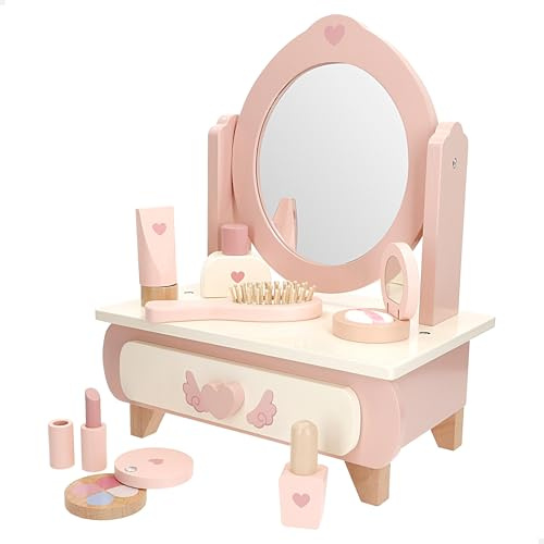 WOOMAX Tocador de Madera, con Espejo, Peine, Pintalabios, Frascos y paletas de Maquillaje, Set de Belleza Infantil, Material FSC, 28x10x35 cm, Juguete Educativo, para niños y niñas de 3 años (39247)