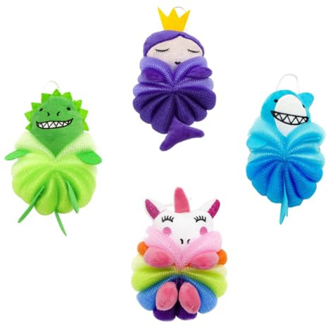 CLISPEED Boules de Bain Dessin Animé Garçon et Filles 4 Pièces Exfoliantes Polyéthylène Sécurité Confort Bain Douceur Taupe Fleur Animaux