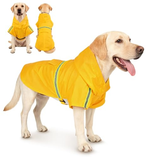 OSDUE Impermeable para Perros, Ultra-Light Transpirable Impermeable Lluvia con Collar Agujero y Tiras Reflectoras Seguras Chubasqueros para Perros para Pequeños Medianos y Grandes Amarillo 3XL