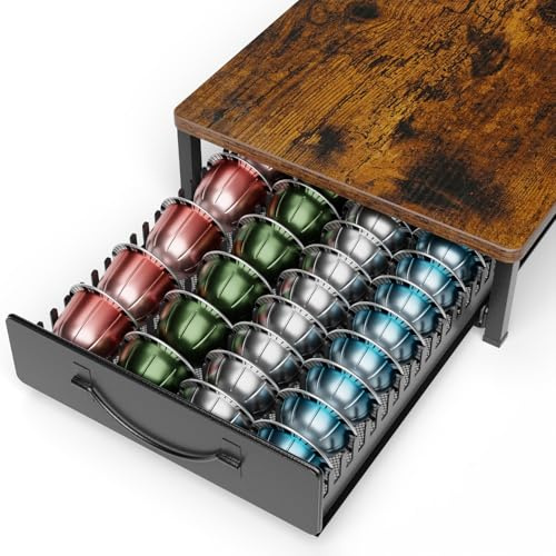 Multifunktionell kaffekapselhållare för Nespresso Vertuo 48-24 kapslar och 32 Dolce Gusto-pods, liten Vertuoline Pods förvaringslåda med trätopp, vintage halkfri glidande metall kaffekapselhållare