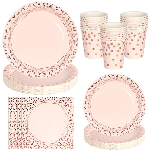 PYAILI Rosa Roségold Partygeschirr, 80 Stück Pappteller Set für 20 Gäste, Papier Teller Pappbecher Servietten für Geburtstag, Muttertag, Babyparty, Bridgerton, Teeparty