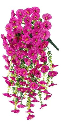 2 stycken 45 cm petunia-blommor, konstgjorda hängande växter, för utomhusbruk, falska petunior, randiga, vår- och sommardekoration för hem, veranda, terrass för utomhusbruk, balkong, trädgård (röd)