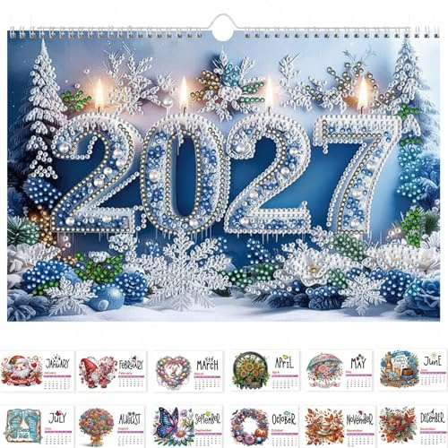 Diamond Art Painting Calendrier mural 2027, 17 x 24,9 cm, 12 mois, calendrier mural à suspendre, parfait pour la maison, le bureau, style hiver 01