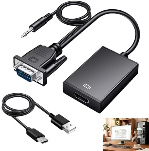 Adaptateur VGA vers HDMI Full HD 1080p avec Câble Audio 3.5mm, Convertisseur Unidirectionnel VGA Mâle vers HDMI Femelle, pour PC, Ordinateur Portable, Projecteur, TV, Câble Audio 3,5mm et USB Inclus