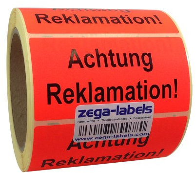 Warnetiketten auf Rolle - Achtung Reklamation - 500 Stück je Rolle - 100 x 50 mm - Leuchtrot Haftpapier stark haftend - Versandaufkleber