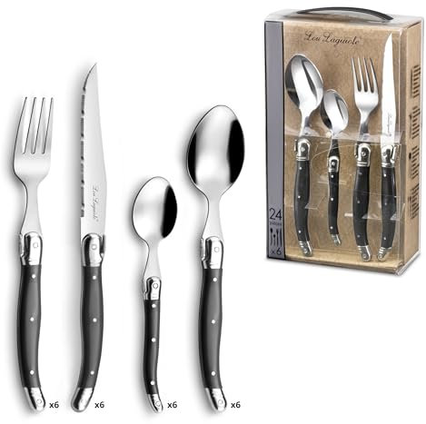 LOU LAGUIOLE TRADITION Steakmesser Besteck Set 24-teilig | Steakbesteck mit Tradition und Stil | Griffe in Anthrazit | Wellenschliff Messer | Grillbesteck Set | Scharfe Messer | Besteck Set 6 Personen