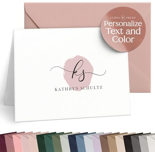 Curio Press Personalized Stationery for Women & Men - A2 Folded Note Cards with Monogram and Name, Fold Over Monogrammed Stationery Thank You Cards with Custom Notecards - Delicate Mono Fold