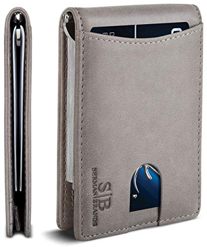 SERMAN BRANDS RFID Blocking Slim Bifold Genuine Leather Minimalist Front Pocket Wallets for Men with Money Clip Thin Gift (Slate Gray 1.S)