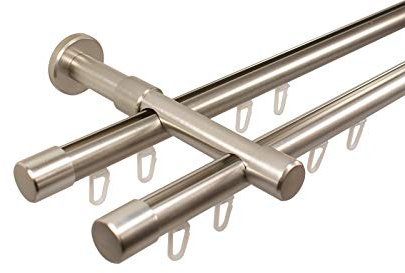 iso-design Gardinenstange Innenlauf 2-läufig 20 mm Durchmesser Farbe Edelstahl Wandmontage Gardinenstangenkomplettset aus Metall Innenlaufstangen Endstück Kappe, 200 cm