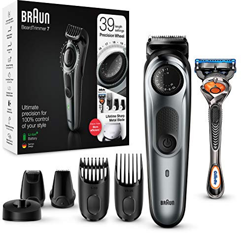 Braun Barttrimmer/Haarschneider Herren, Trimmer/Haarschneidemaschine, inkl. 4 Aufsätze & Rasierer, 39 Längeneinstellungen, BT7240, schwarz/grau-metallic