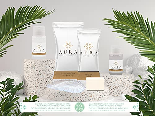 Aura Luxury Collection® 400 st badrumstillbehörsset bestående av 100 duschschampo flaskor 20 ml, 100 flaskor intimhygien, 100 tvålar 12 gr, 100 hörlurar + Hygien 500 band toaletthygien
