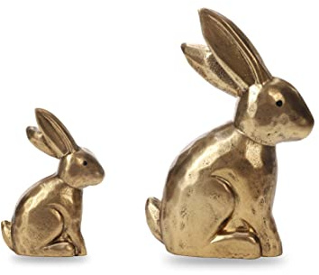 DN DECONATION Osterhasen Figuren aus Holz, 2er Set Antik-Gold Osterdeko für Fensterbank, Tisch und Wohnzimmer, Frühlingsdeko und Ostergeschenk 7.6x9.5cm und 12.7x17.8cm