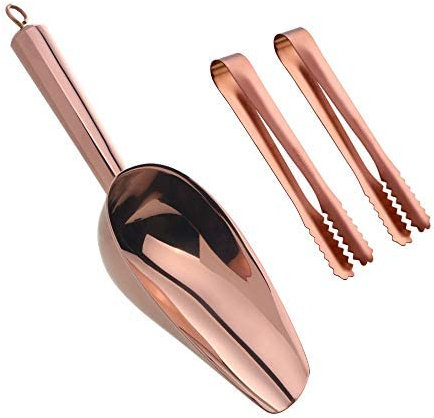 Lot de 3 pelles à glace en acier inoxydable et pince à glaçons - 15,2 cm - Avec dents - Pour grands cubes - Congélateur - Or rose