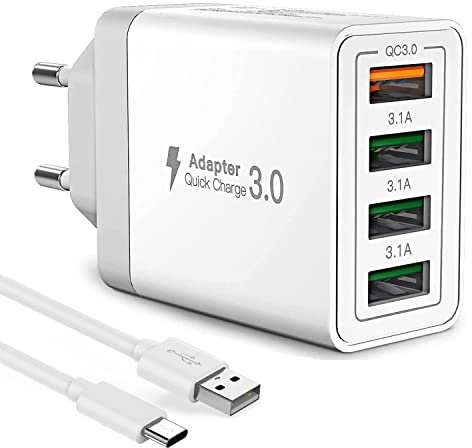 Cargador de 4 Puertos, Carga Rápida QC 3.0 + 3 USB-A, Con Cable Universal Type-C, Compatible Con Teléfonos Móviles, Tabletas, Cámaras, Videoconsolas y Otros Dispositivos