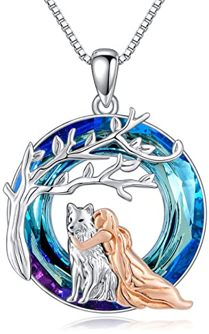 ROMANTICWORK Wolf Kette Sterling Silber - Wolf und Mädchen Anhänger Halskette Schmuck Geschenke für Damen und Mädchen