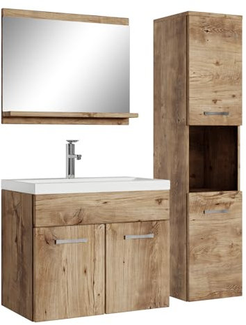 Badplaats B.V. Badezimmer Badmöbel Set Montreal 60cm Waschbecken Eiche Kastanie - Unterschrank Hochschrank Waschtisch Möbel