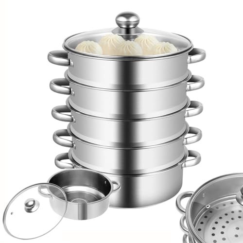 5 tier Stainless Steel Steamer pot 26cm/28cm/30cm Food Steaming Pot With Glass Lid Large Capacity Suitable for Stove Only (26CM)