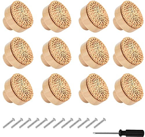ZIOYA 12 Stück Rattan Möbelknöpfe Schrankknöpfe mit Schrauben und Schraubendreher Schubladenknöpfe Rattan Schränke Holz für Kommodenknöpfe Schrank Schubladen Wohnzimmer (1.57 zoll)
