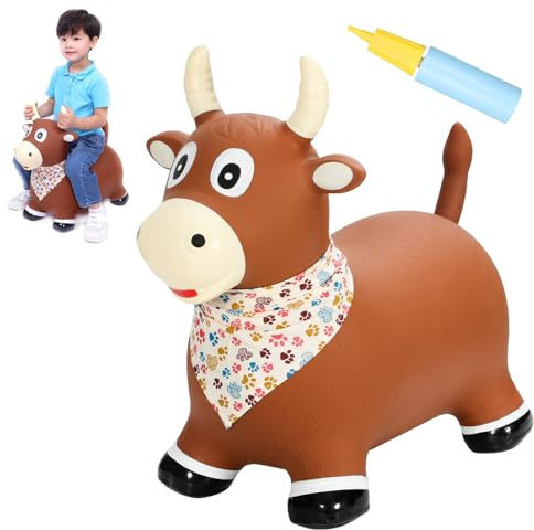 INPANY Bouncy Bull Farm Animal Hopping Toys for 1 2 Year Old Boy Gifts, Ride on Toddler Brown Cow Hopper, Kids Inflatable Jumping Horse, Outdoor Indoor Rubber Bouncer for 3 4 Yr Girl Birthday