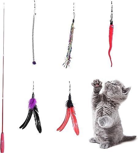 himaly katzenspielzeug Angel, Katzenangel Spielzeug für Kätzchen und Katzen, 1 Skalierbar Stangen, 2 Federanhänger, 3 Katzenspielzeug mit Glocke und Anhänger