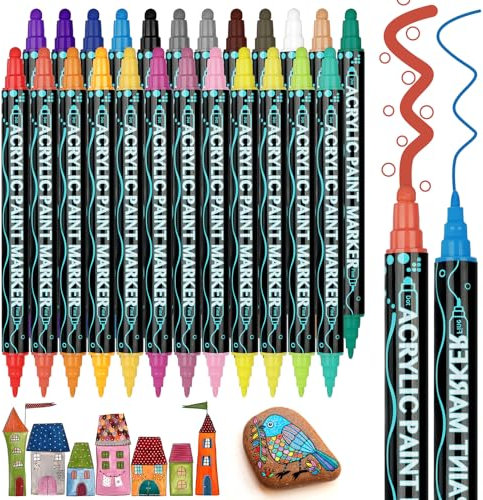 AUAUY 24PCS Acrylfarben Stifte, Acrylstifte für Steine Wasserfest mit Doppelspitze, Twin Tip Marker zum Zeichnen und Malen, Acrylic Paint Stifte Bemalen für Holz Keramik Glas Leinwand Keramik Basteln