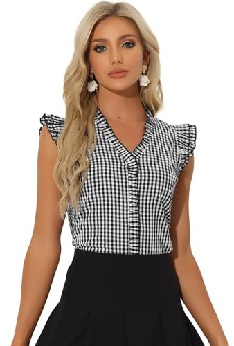 Allegra K Chemise à volants pour femme avec col en V et manches courtes, chemisier vichy à carreaux des années 50, Noir , S