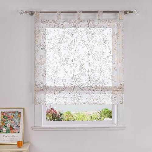 SCHOAL Raffrollo mit Schlaufen Gardine Transparent Vorhang mit Zweig Muster Raffgardinen Modern Schlaufenrollo 1 Stück BxH 60x140cm Gold