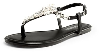 DREAM PAIRS Flat Sandals for Women Dressy Rhinestone T-Strap Thong Flat Sandals for Summers Dress Beach,Size 8.5,Black,SDFS2405W