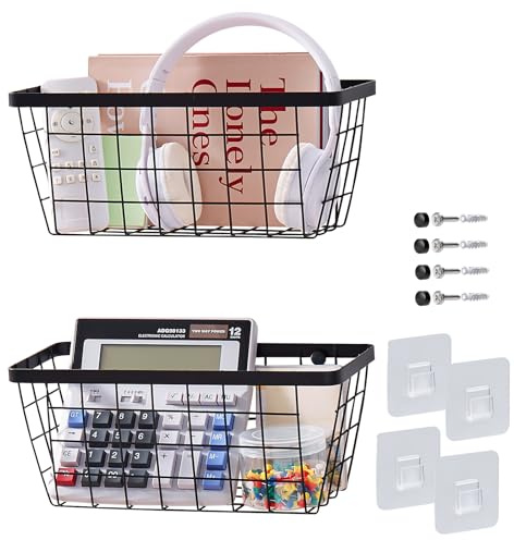 LIGHT DUST Wall Hanging Baskets - 2 Black Baskets Set Wire Basket Metal Organizer Bins for Kitchen Pantry Cabinet Bathroom Shower Door RV [Included Adhesive Hooks & Wall Mounted Screws]