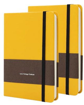 TUNJILOOL A6 Lederjournal - 2er Pack, Dotted/Grid/Blanko, 100GSM, Wasserfest, Gummiband (Gelb)