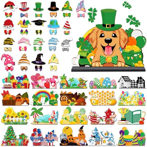 Vercraft 61 Pcs Interchangeable Dog Seasonal Sign Cute Golden Retriever Decor Replaceable Holiday Front Door Wall Decpr Set Seasonal Farmhouse Rustic Summer Independence Day Office Decorations