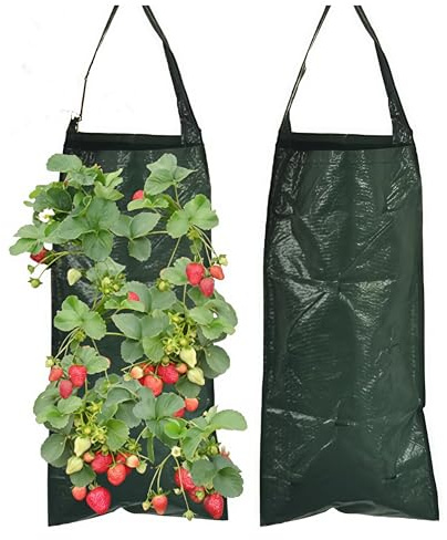 Loopunk 2 Pcs Hanging Flower Strawberry Planter Bags with 8 Holes,Plant Grow Bags with Handles, Hanging Outdoor Planting Bag for Strawberry, Herbs, Vegetables Flowers (Green)