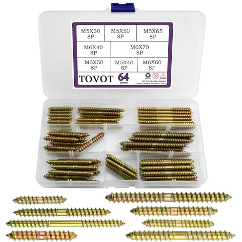 TOVOT 64PCS 8 Sizes Double Ended Screws Assortment Set M5 M6 Double Ended Screws Self-Tapping Dowel Screws for Wooden Furniture (M5×30/40/50/65MM M6×40/50/60/70MM)