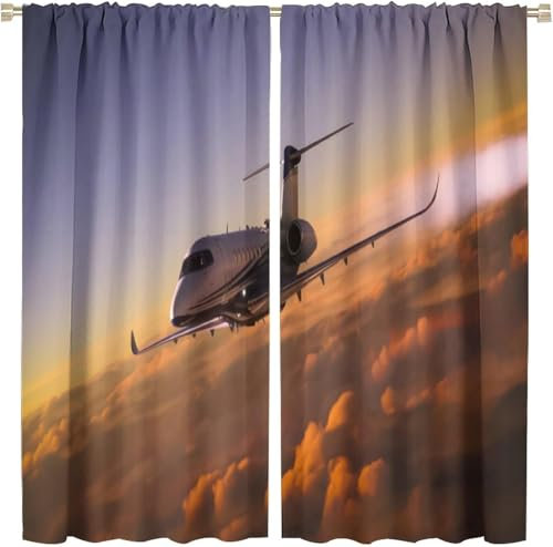 Vorhang Blickdicht Gardinen Mit Ösen - 2 Stücke 170 (B) X 200 (H) cm Verdunklungsvorhänge 3D Flugzeug Muster Thermovorhang Für Kinderzimmer Schlafzimmer Weihnachtsgardinen 9426352025408