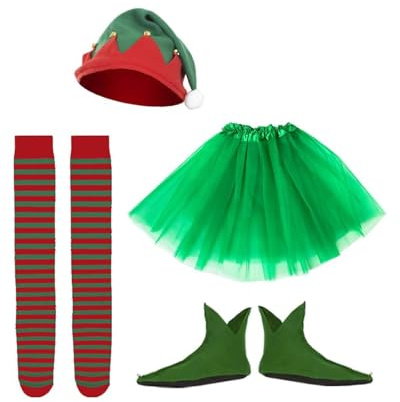 Funidelia Kit disfraz accesorios de elfa para mujer, Navidad. Incluye tutú, medias, gorro y zapatos - Traje para adultos para fiestas, Carnaval y Halloween