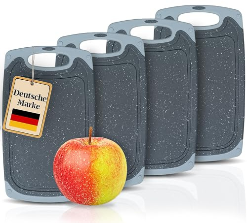 KPYTO Schneidebrettchen 4-er Set, 25x15 cm, spülmaschinenfest beidseitig rutschfest mit Saftrille und Griff Schneidebrett Kunststoff klein schwarz-grau