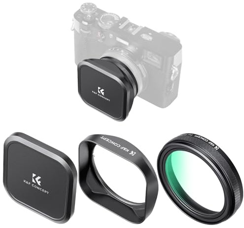 K&F CONCEPT UV Filter,Gegenlichtblende und Objektivdeckel Kompatibel mit Fujifilm Kamera X100-Serie, Kompatibel mit Fujifilm Kamera X100/X100F/X100S/X100T/X100V/X100VI -Schwarz (Nano-Xcel Serie)