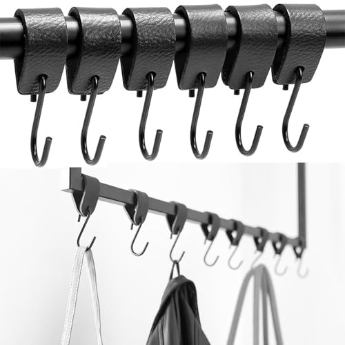 lurora2021 S Haken Zum Einhängen S Haken Mit Lederschlaufe Haken Schwarz Mit Lederschlaufe Ohne Bohren Lederhaken Zum Aufhängen Multifunktionshaken für Küche Balkon Garderobe Badezimmer (6 Stück)