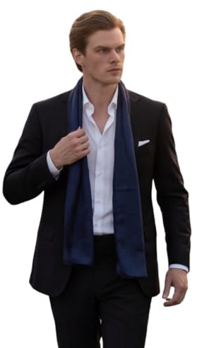 LA FERANI Herren Schal 100% Seide Chiffon Halstuch Seidenschal 180x80cm Uni Farbe für Anzug dunkel blau Tuch Seidentuch Stola Business Style Geschenk für Ihn