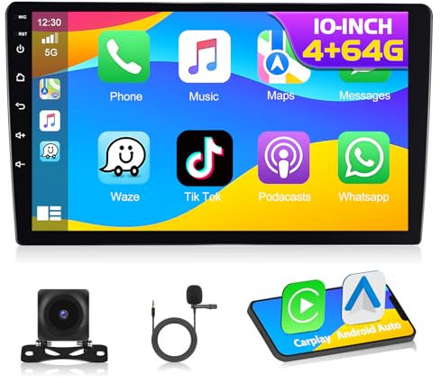 [4G+64G] Autorradio Apple Carplay Inalámbrico con CarPlay y Android Auto, Pantalla Táctil HD de 10'', 2 DIN, Navegación GPS, Bluetooth, Mirror Link, SWC, Ecualizador, FM, RDS, Cámara de reversa y Mic