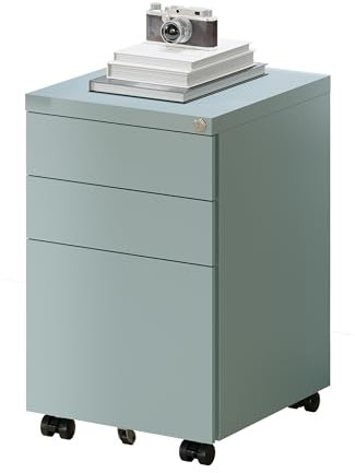 FLEXISPOT Rollcontainer Kleiner Schrank mit 3 Schubladen, mobiler Aktenschrank mit Rollen, abschließbarer Büroschrank für Büro & Homeoffice, Anti-Kipp, 44 x 37 x 60 cm, Grau Blau