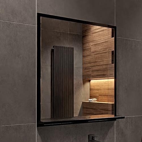 HAJDUK FURNITURE Badspiegel mit Ablage Schwarz - H:70 x B: 60 cm - Bathroom Mirror - Moderner Badezimmer Spiegel Rechteckig - Wandspiegel mit Regal - Premium-Linie